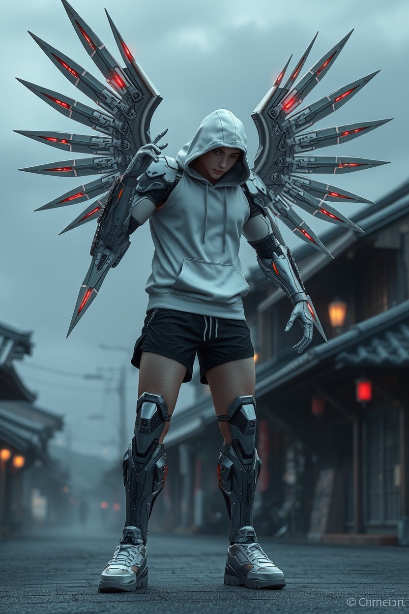 A futuristic human figure strikes a dynamic pose, wearing a white hoodie and black shorts, combined with shiny metallic robotic armor covering the arms, legs, and torso