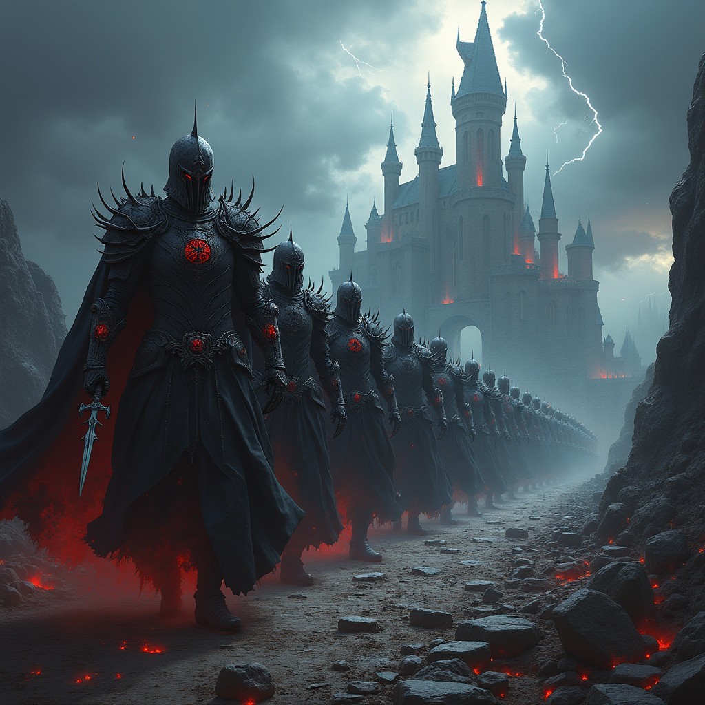 An elaborate fantasy scene illustrating the Kingdom of the Wicked Soldiers, featuring a dark realm filled with ominous energy