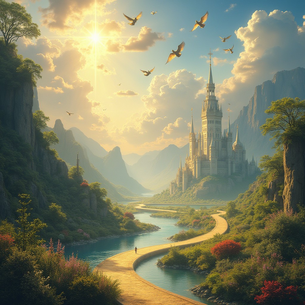 A majestic representation of the Beloved Kingdom of God, depicting a serene and radiant landscape filled with lush, vibrant gardens, and an ethereal light shining from the sky