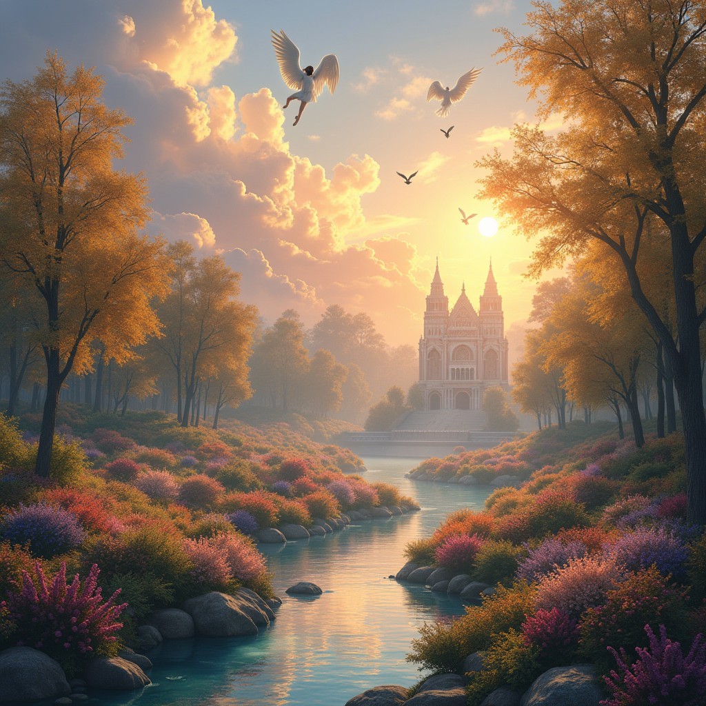 A breathtaking visualization of the Beloved Kingdom of God, showcasing an idyllic paradise filled with radiant gardens bursting with colorful flowers, towering trees with golden leaves, and serene streams flowing with crystalline water