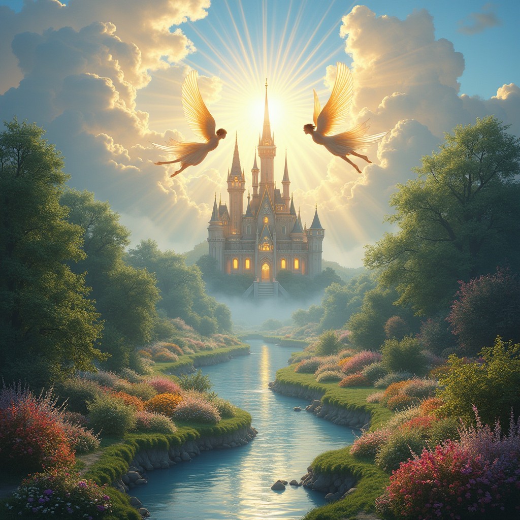 An enchanting depiction of the Beloved Kingdom of God, illustrating a divine landscape filled with flourishing gardens, adorned with an explosion of colorful flowers and majestic trees