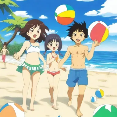The anime series featured a cheerful beach episode in which the characters enjoyed playing beach ball under the bright sun.