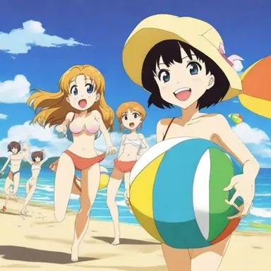 The anime series featured a cheerful beach episode in which the characters enjoyed playing beach ball under the bright sun.