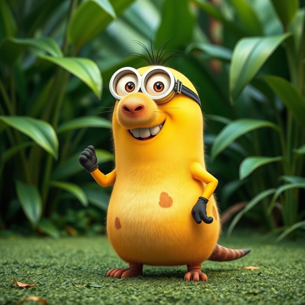 A whimsical creature that combines features of a Minion and a capybara