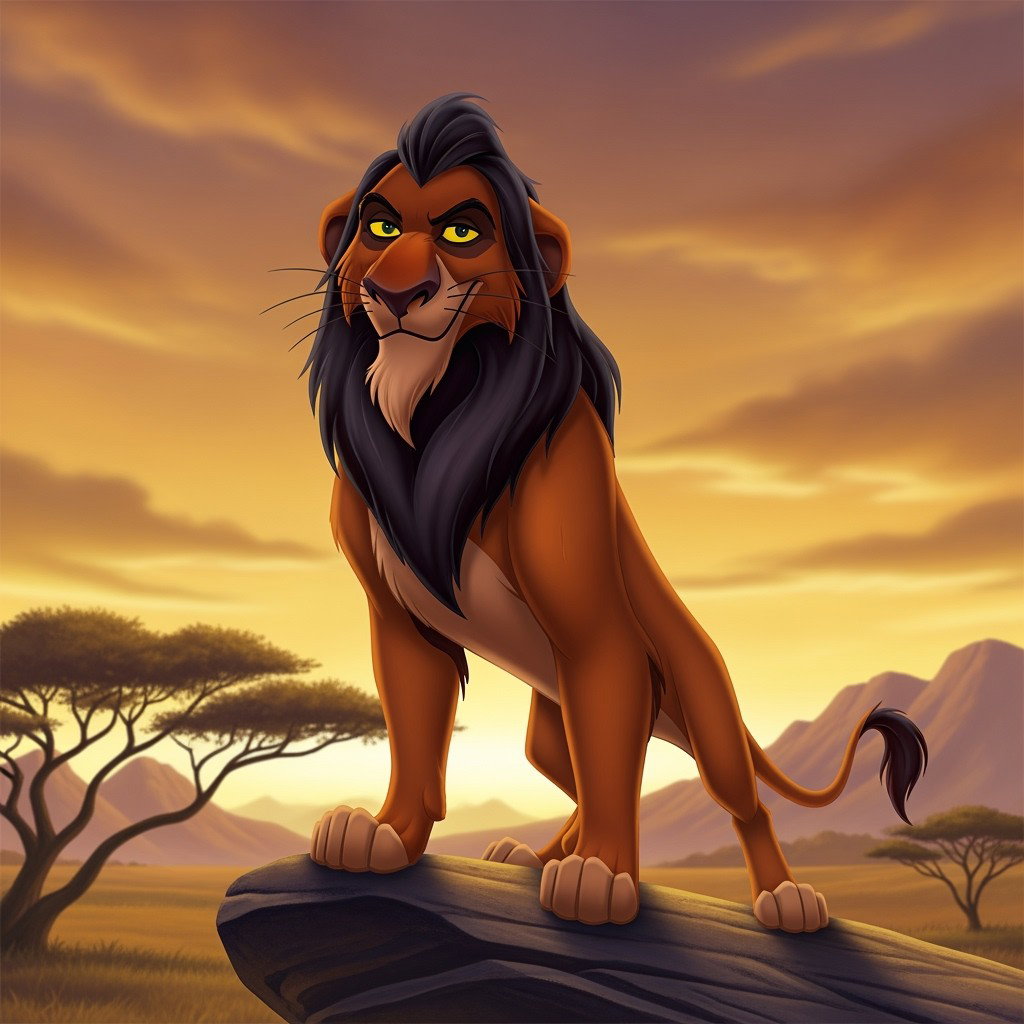 Scar, the iconic villain from Disney's The Lion King, depicted with his distinctive dark mane and piercing green eyes