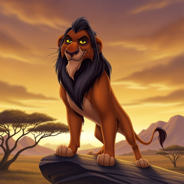 Scar, the iconic villain from Disney's The Lion King, depicted with his distinctive dark mane and piercing green eyes