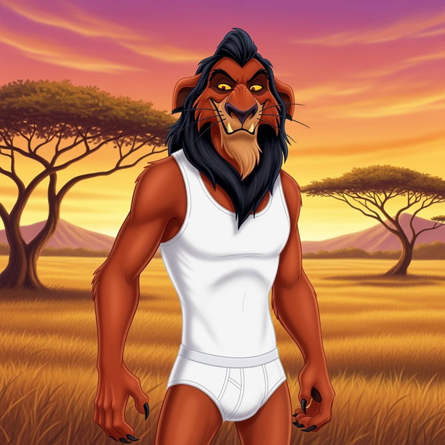 Scar, the iconic villain from Disney's The Lion King, depicted in a humorous and playful manner, wearing a snug white tank top and white underwear