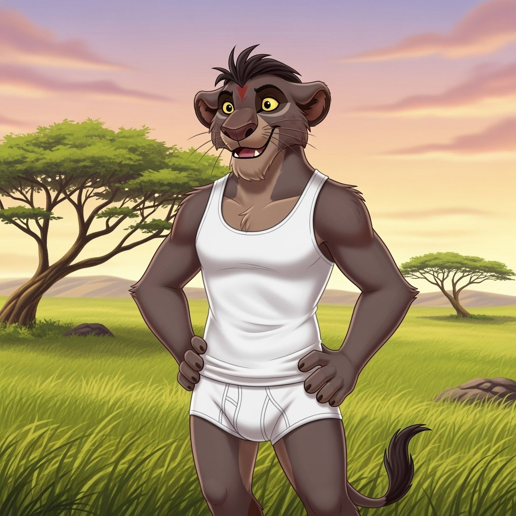 Kovu from The Lion King, depicted in a furry Disney style, wearing a snug white tank top and white underwear
