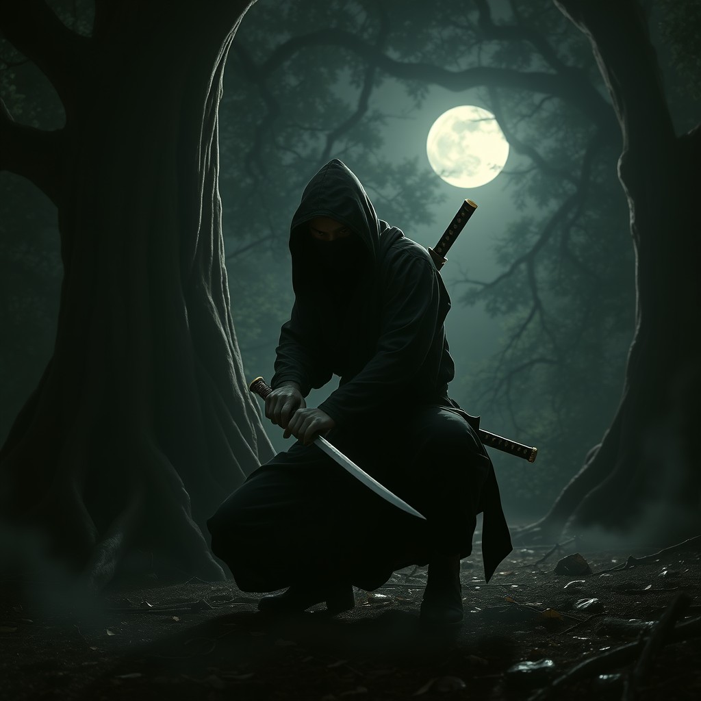 A stealthy ninja in a dark, shadowy forest, wearing a traditional black outfit with a hood