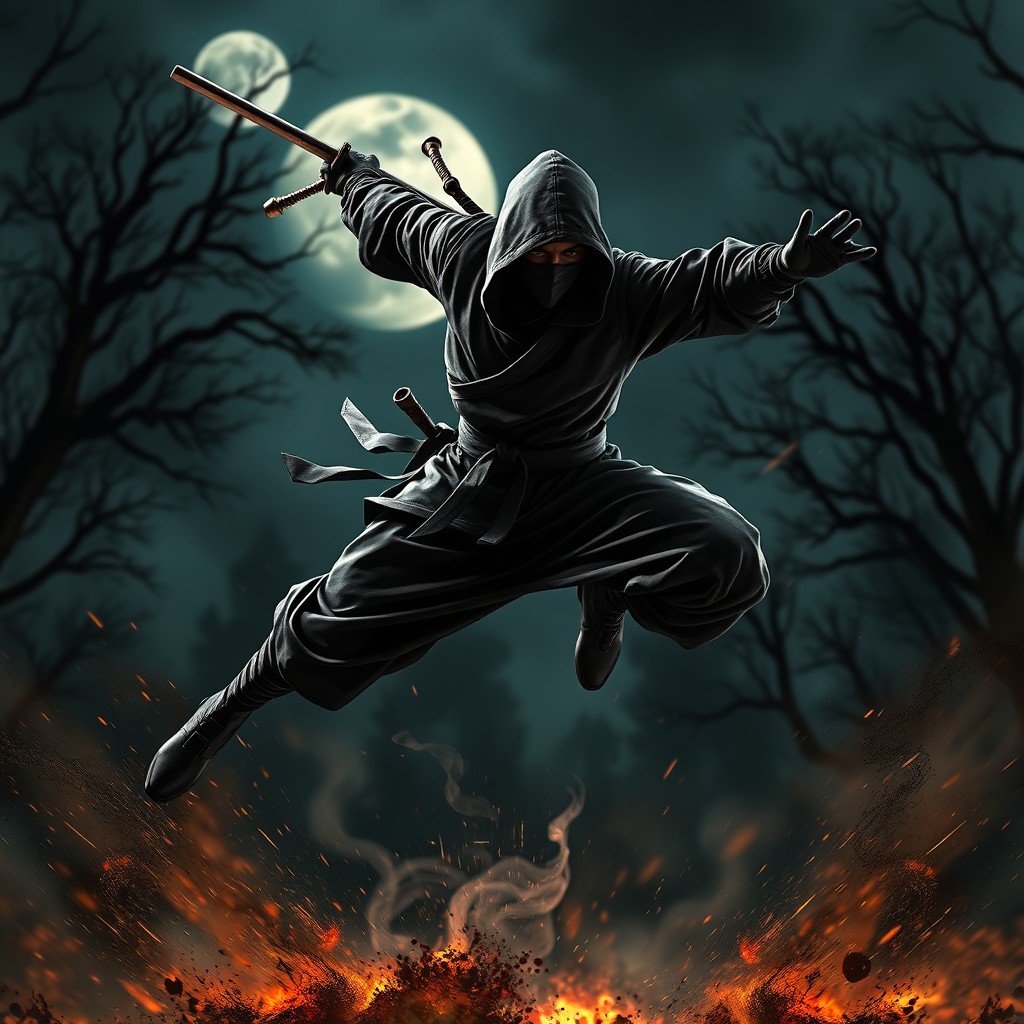 A dynamic scene of a ninja in mid-air, performing an acrobatic jump during an intense battle