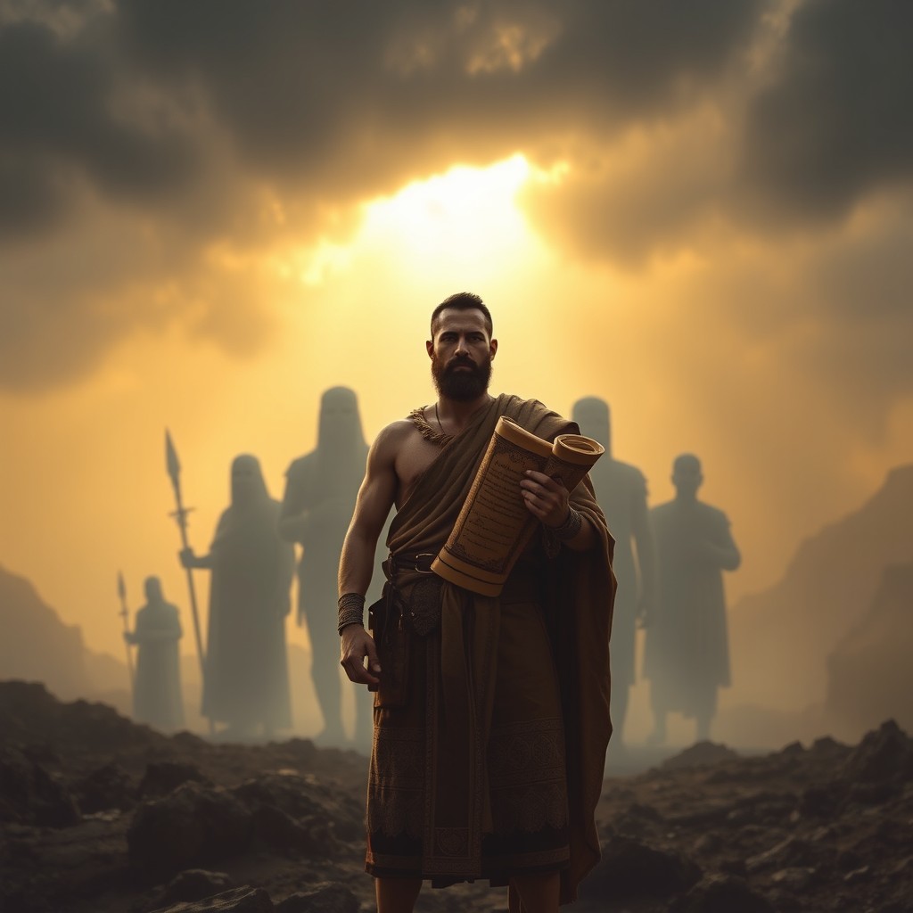 A lone Israelite warrior standing confidently before towering shadowy figures in the distance, holding a sacred Torah scroll instead of a weapon