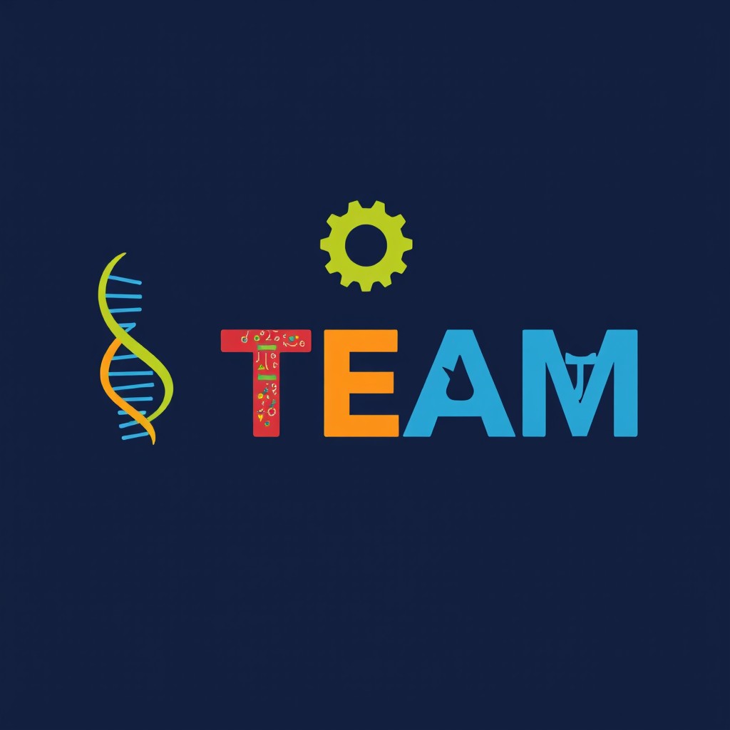 A logo design that creatively represents the acronym STEAM, highlighting each aspect: Science, Technology, Engineering, Arts, and Mathematics