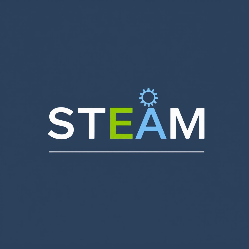 A creative and modern logo design representing the acronym STEAM, which stands for Science (Fan), Technology (Texnologiya), Engineering (Muhandislik), Arts (San’at), and Mathematics (Matematika)