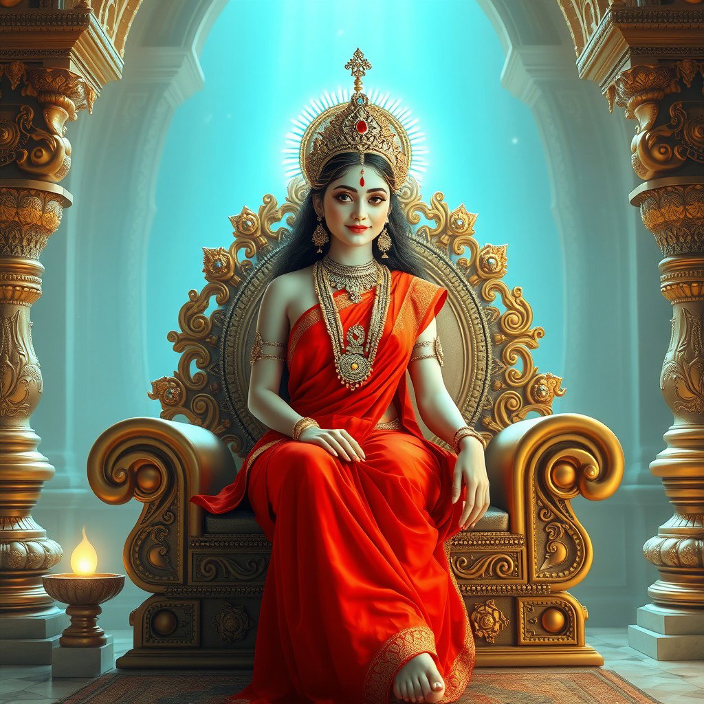 A stunning Hindu apsara with radiant, glowing skin that reflects a divine milk-like luminescence, draped in an elegant red saree