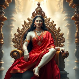 A stunning Hindu apsara with radiant, glowing skin that reflects a divine milk-like luminescence, draped in an elegant red saree