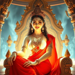 A stunning Hindu apsara with radiant, glowing skin that reflects a divine milk-like luminescence, draped in an elegant red saree