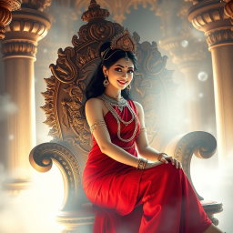 A stunning Hindu apsara with radiant, glowing skin that reflects a divine milk-like luminescence, draped in an elegant red saree