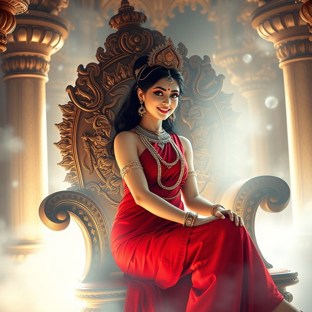 A stunning Hindu apsara with radiant, glowing skin that reflects a divine milk-like luminescence, draped in an elegant red saree