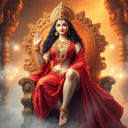 A beautiful Hindu apsara with radiant, glowing skin that exudes a divine milk-like luminescence, elegantly draped in a flowing red saree