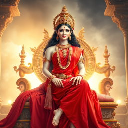 A beautiful Hindu apsara with radiant, glowing skin that exudes a divine milk-like luminescence, elegantly draped in a flowing red saree