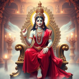 A beautiful Hindu apsara with radiant, glowing skin that exudes a divine milk-like luminescence, elegantly draped in a flowing red saree