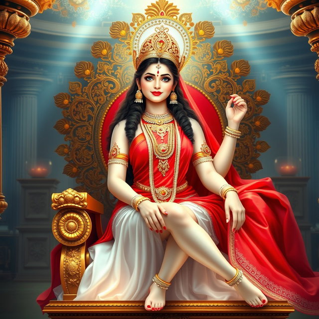 A beautiful Hindu apsara with radiant, glowing skin that exudes a divine milk-like luminescence, elegantly draped in a flowing red saree