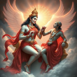 A breathtaking celestial scene depicting a divine Hindu apsara with a glowing, milk-like sheen to her skin