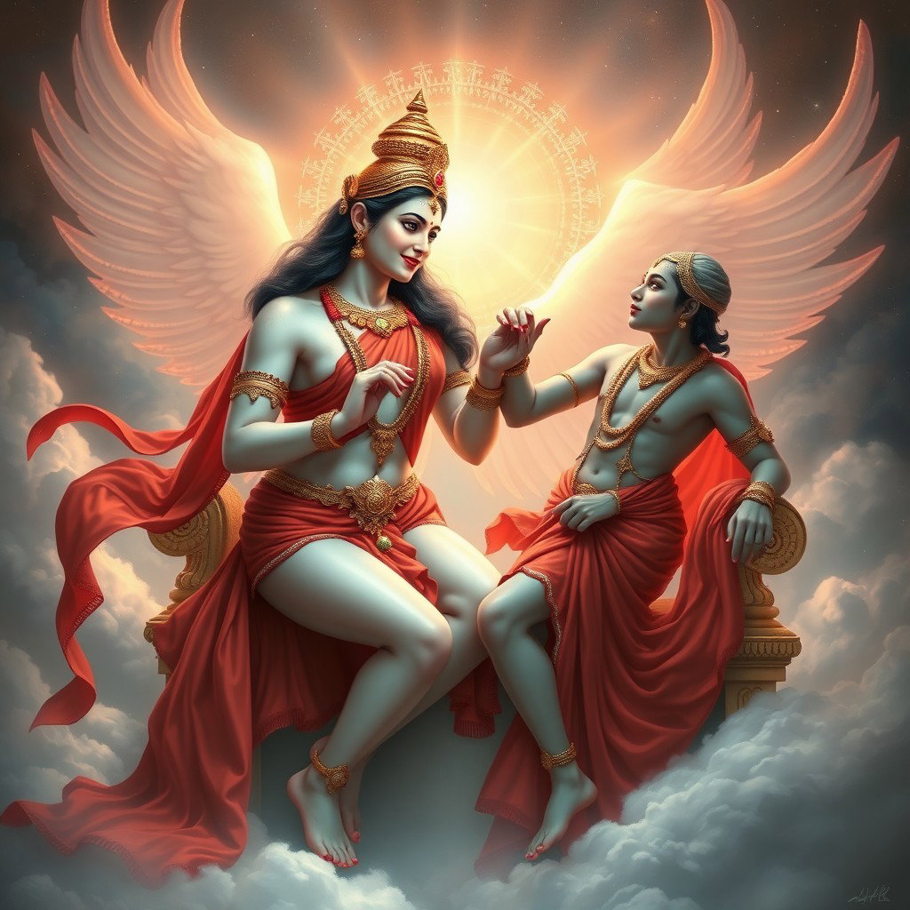 A breathtaking celestial scene depicting a divine Hindu apsara with a glowing, milk-like sheen to her skin