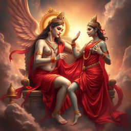 A breathtaking celestial scene depicting a divine Hindu apsara with a glowing, milk-like sheen to her skin