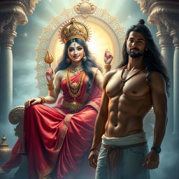 A stunningly beautiful, divine Hindu goddess with glowing, radiant skin, draped in a luxurious red saree adorned with intricate jewelry