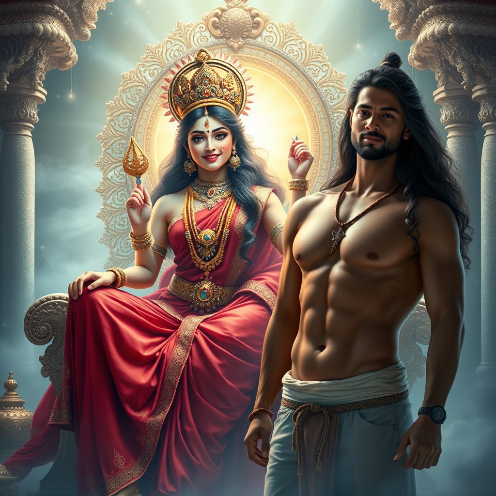 A stunningly beautiful, divine Hindu goddess with glowing, radiant skin, draped in a luxurious red saree adorned with intricate jewelry