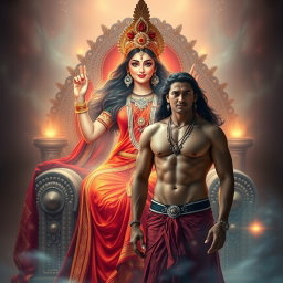 A stunningly beautiful, divine Hindu goddess with glowing, radiant skin, draped in a luxurious red saree adorned with intricate jewelry