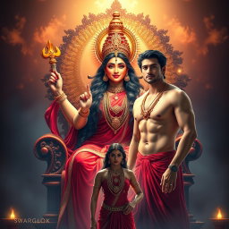 A stunningly beautiful, divine Hindu goddess with glowing, radiant skin, draped in a luxurious red saree adorned with intricate jewelry