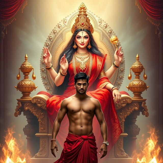 A stunningly beautiful, divine Hindu goddess with glowing, radiant skin, draped in a luxurious red saree adorned with intricate jewelry
