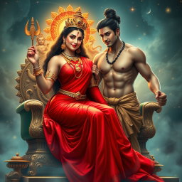 A stunningly beautiful, divine Hindu goddess with glowing, radiant skin, draped in a flowing red saree, intricately adorned with elegant jewelry around her neck and delicate payal on her feet