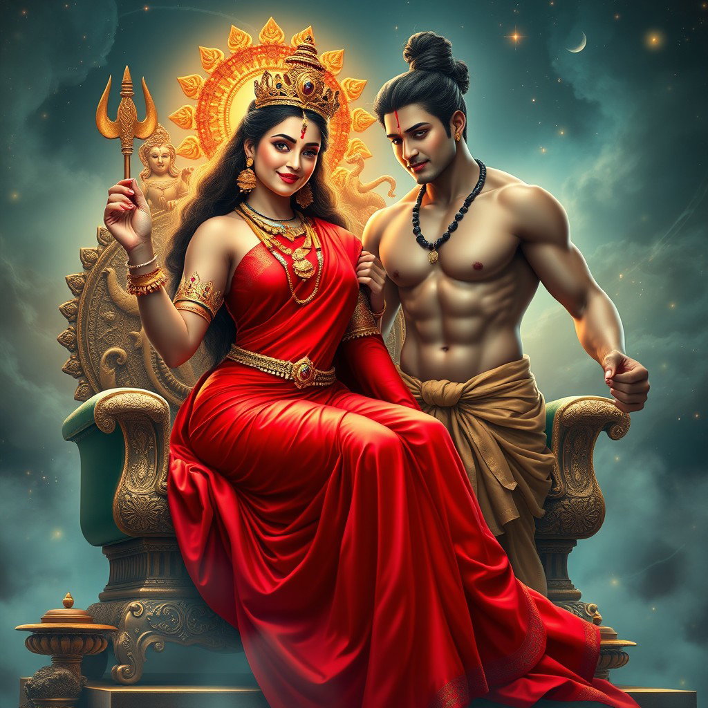 A stunningly beautiful, divine Hindu goddess with glowing, radiant skin, draped in a flowing red saree, intricately adorned with elegant jewelry around her neck and delicate payal on her feet