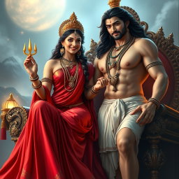 A stunningly beautiful, divine Hindu goddess with glowing, radiant skin, draped in a flowing red saree, intricately adorned with elegant jewelry around her neck and delicate payal on her feet