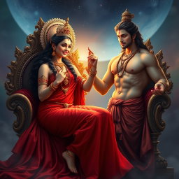 A stunningly beautiful, divine Hindu goddess with glowing, radiant skin, draped in a flowing red saree, intricately adorned with elegant jewelry around her neck and delicate payal on her feet