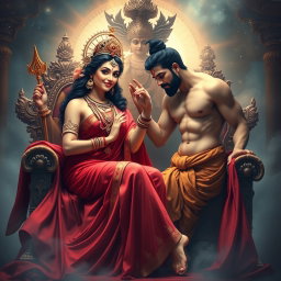 A stunningly beautiful, divine Hindu goddess with glowing, radiant skin, draped in a flowing red saree, intricately adorned with elegant jewelry around her neck and delicate payal on her feet