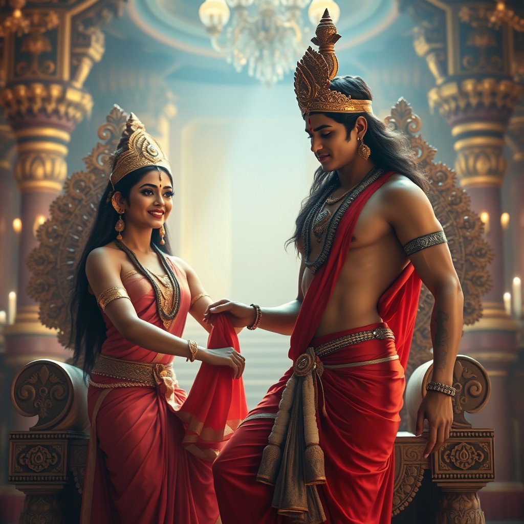 A mesmerizing Hindu apsara with radiant, glowing skin, seated elegantly on a majestic divine throne