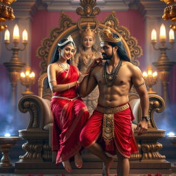 A mesmerizing Hindu apsara with radiant, glowing skin, seated elegantly on a majestic divine throne