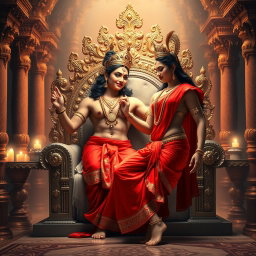 A mesmerizing Hindu apsara with radiant, glowing skin, seated elegantly on a majestic divine throne