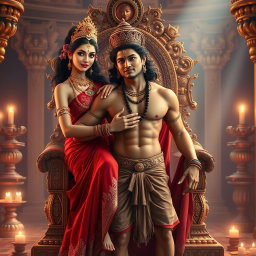A mesmerizing Hindu apsara with radiant, glowing skin, seated elegantly on a majestic divine throne