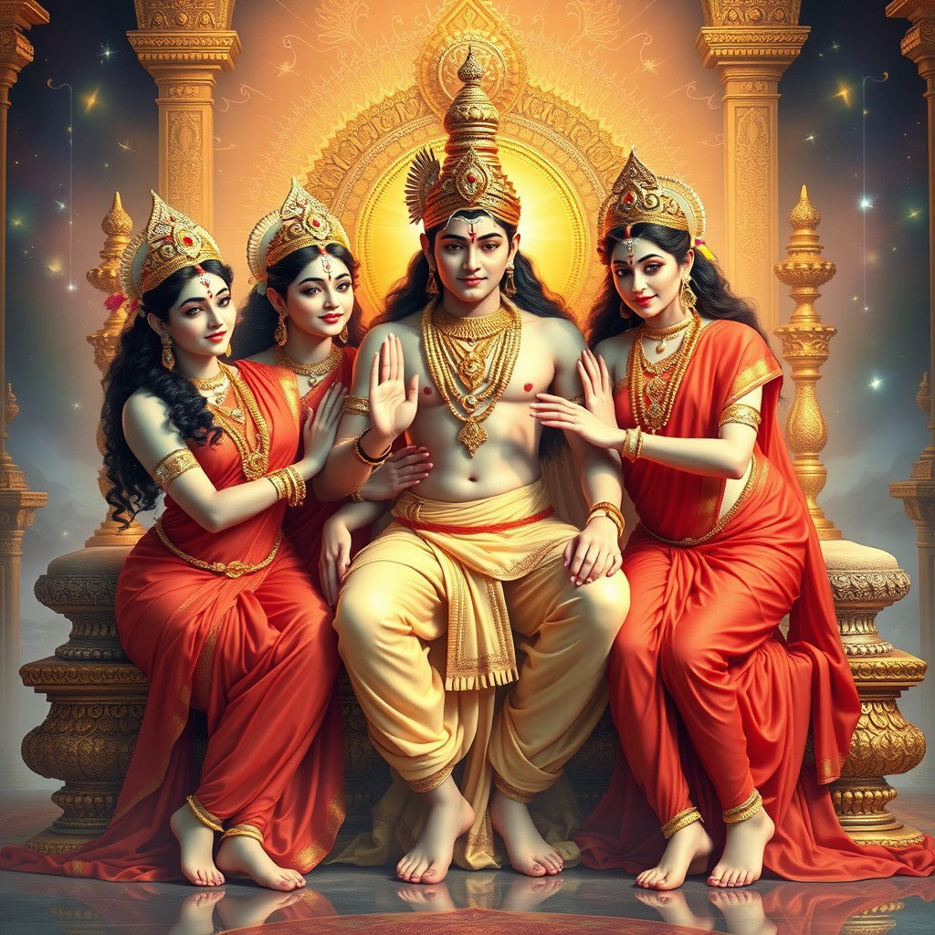 Three breathtakingly beautiful Hindu apsaras, with glowing skin radiating a divine milk-like sheen, adorned in exquisite red sarees and sparkling jewelry around their necks and delicate payals on their feet