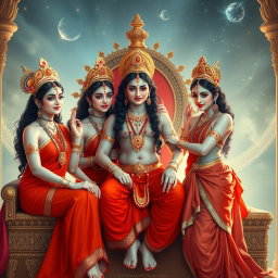 Three breathtakingly beautiful Hindu apsaras, with glowing skin radiating a divine milk-like sheen, adorned in exquisite red sarees and sparkling jewelry around their necks and delicate payals on their feet