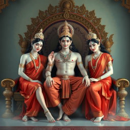 Three breathtakingly beautiful Hindu apsaras, with glowing skin radiating a divine milk-like sheen, adorned in exquisite red sarees and sparkling jewelry around their necks and delicate payals on their feet