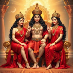 Three breathtakingly beautiful Hindu apsaras, with glowing skin radiating a divine milk-like sheen, adorned in exquisite red sarees and sparkling jewelry around their necks and delicate payals on their feet