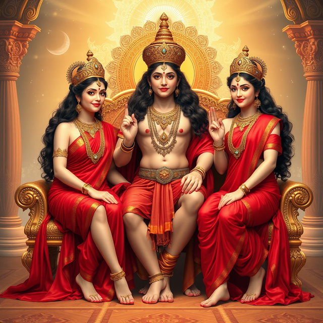 Three breathtakingly beautiful Hindu apsaras, with glowing skin radiating a divine milk-like sheen, adorned in exquisite red sarees and sparkling jewelry around their necks and delicate payals on their feet