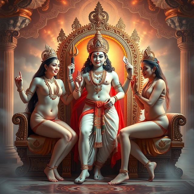 A mesmerizing image of three beautiful, completely nude Hindu apsaras, showcasing their radiant, glowing skin that shimmers with a divine milk-like luminescence