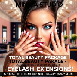 A vibrant and eye-catching advertisement for 'MÓNICA STUDIO', showcasing a stunning woman with a striking gaze and perfect hands, emphasizing beautiful acrylic nails and glamorous eyelash extensions